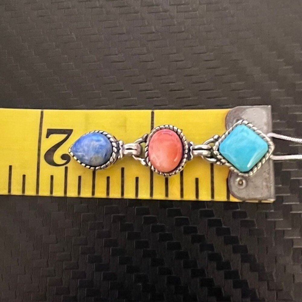 VTG Sterling Silver Turquoise, Lapis & Coral Pendant & Sterling Silver Necklace - Picture 9 of 9